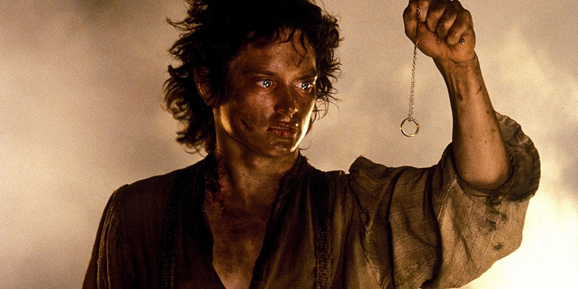 Frodo holds the ring on a chain in Lord of the Rings Return of the King