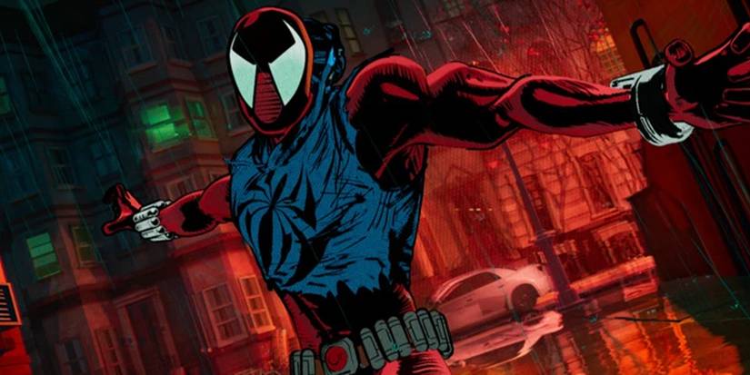 Scarlet Spider Ben Reilly em uniforme preto e vermelho durante aventura inspirada na Saga dos Clones
