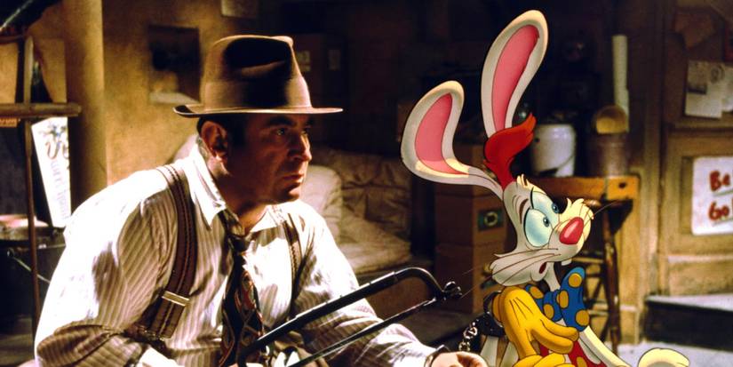 Eddie Valiant attempts to saw off handcuffs attached to Roger Rabbit in Who Framed Roger Rabbit.