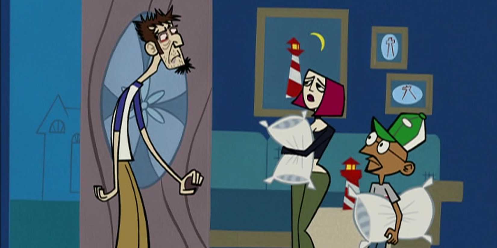 Abe, Joan dan Gandhi dari Clone High, Abe terlihat kurang tidur dan Joan serta Gandhi khawatir memegang bantal