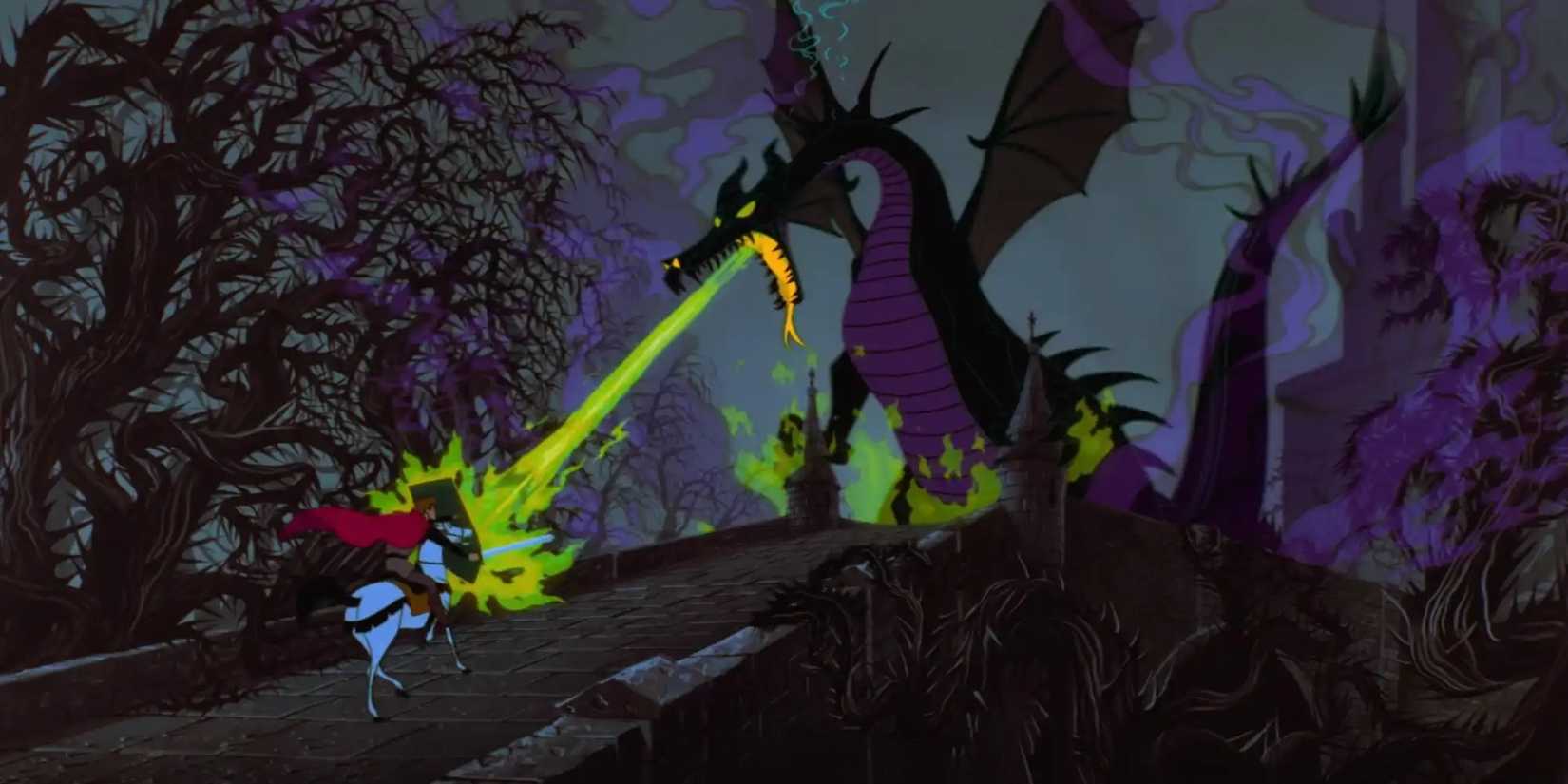 Philip charges towards Maleficent, who has turned into a dragon and is breathing fire in Sleeping Beauty.