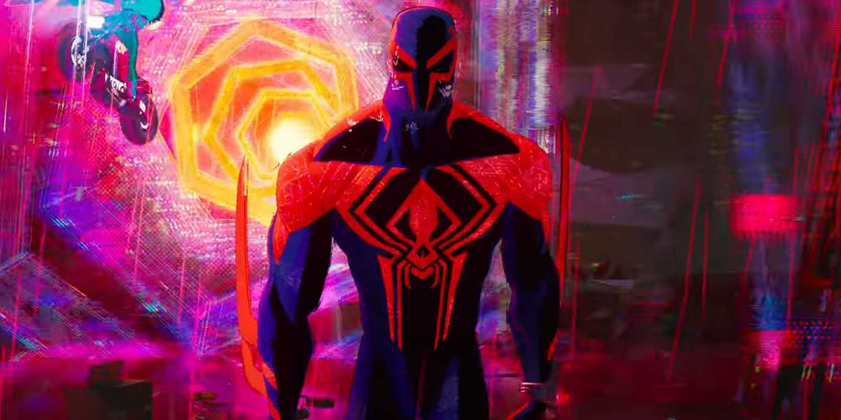 Spider-Man 2099 in 'Across the Spider-Verse' walking toward the camera.