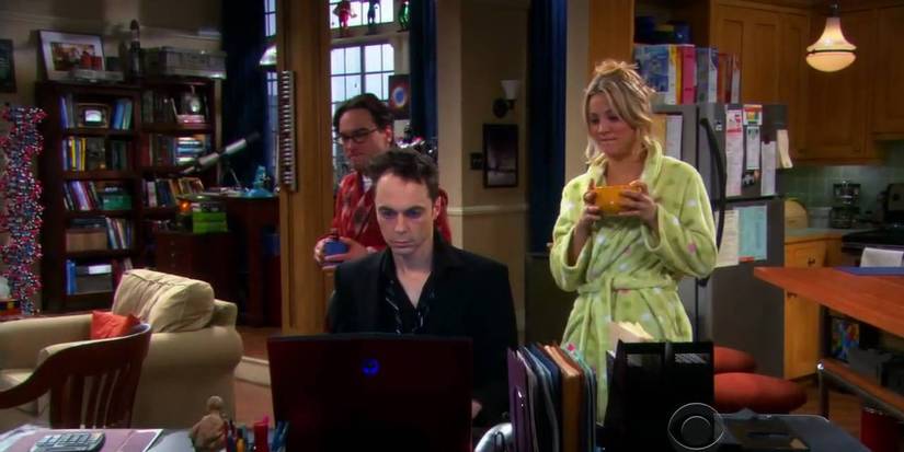 Johnny Galecki, Jim Parsons, and Kaley Cuoco as Leonard, Sheldon, and Penny in The Big Bang Theory