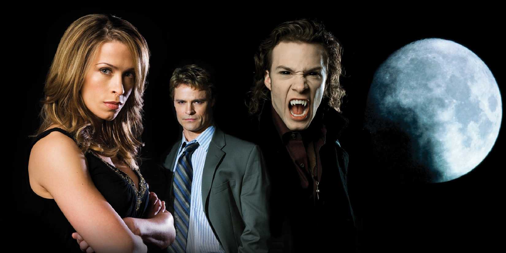 The cast of Blood Ties against a black background with a full moon.