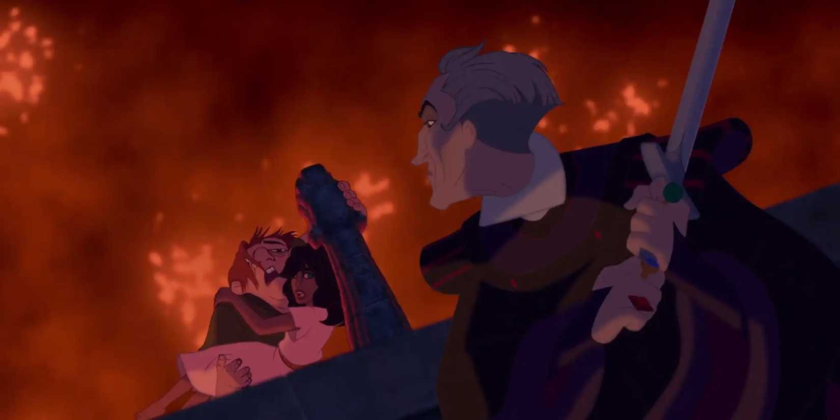 Judge Claud Frollo attacks Quasimodo and Esmerelda as Paris burns