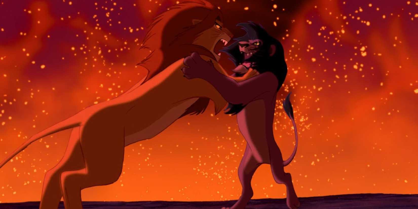 Simba and Scar have a final battle atop Pride Rock as fire burns around them