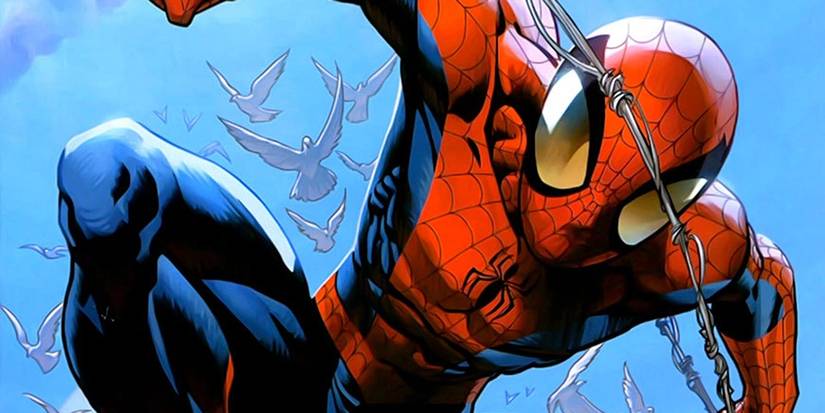 Miles Morales Ultimate Spider Man balançando entre prédios com teia em imagem clássica da Marvel