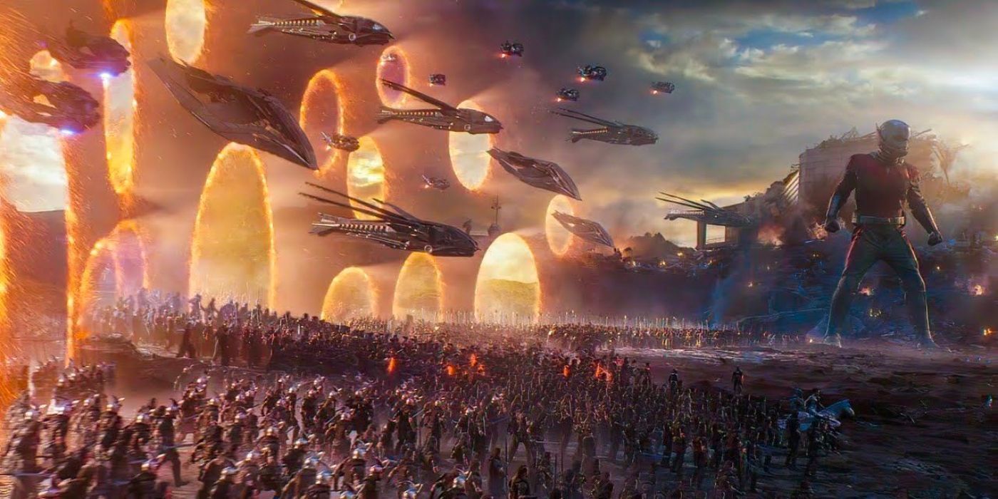 The Final Battle of 'Avengers: Endgame,' with portals opening in the sky.