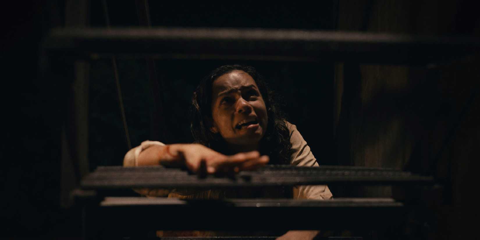 Tess (Georgina Campbell) looking scared while she frantically crawls up a staircase in 'Barbarian'