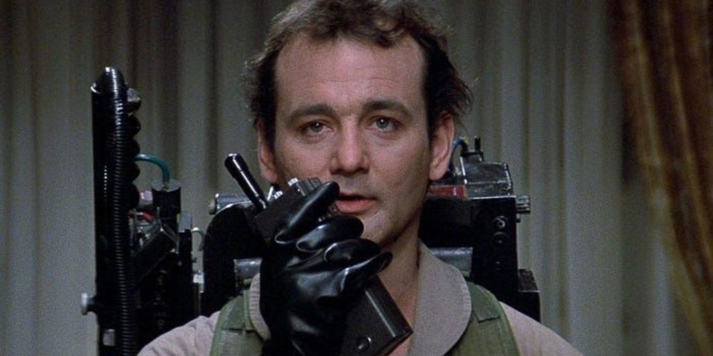Peter Venkman, played by Bill Murray, speaks into a walkie-talkie in 'Ghostbusters'.
