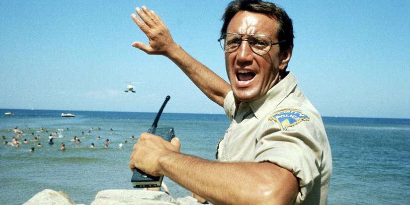 Brody is communicating with a walkie-talkie on the beach in Jaws.