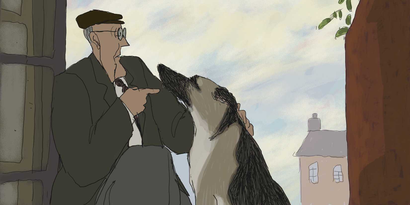 A still from the film 'My Dog Tulip' featuring an old man and his German Shepherd.