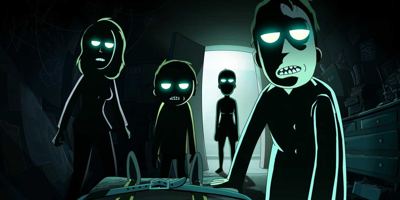 The Smith family stand menacingly in a dark room, their eyes glowing green in Rick and Morty's Night Family.