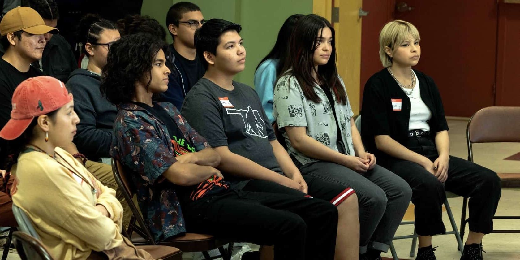 Devery Jacobs, Lane Factor, Paulina Alexis, D'Pharaoh Woon-a-Tai and Elva Guerra in Reservation Dogs