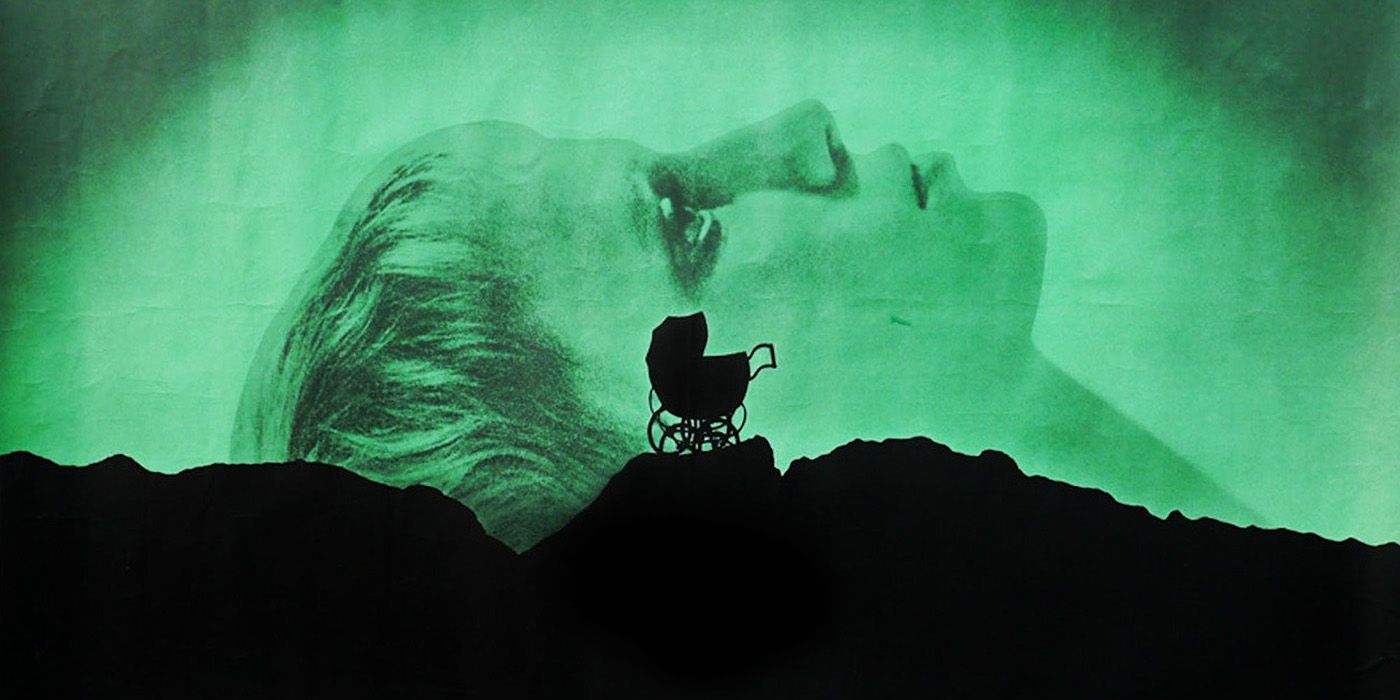 Mia Farrow as Rosemary Woodhouse and a baby carriage on a cropped poster for Rosemary's Baby