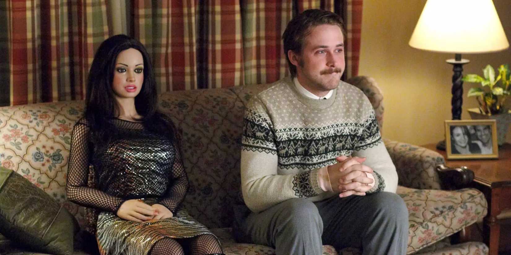 Ryan Gosling as Lars sitting next to Bianca, the doll, in Lars and the Real Girl.