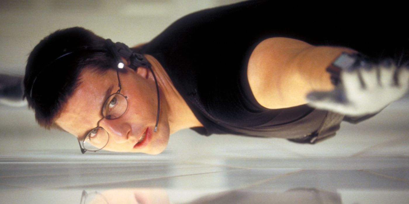 Ethan Hunt dangling by a chord about an inch away from the floor in 'Mission: Impossible' 1996