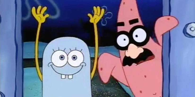 SpongeBob smiles as a ghost, Patrick wears glasses and a mustache in SpongeBob SquarePants' Scaredy Pants