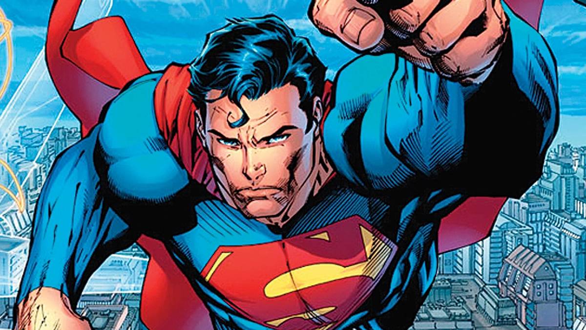 A comic strip image of Superman flying over a city