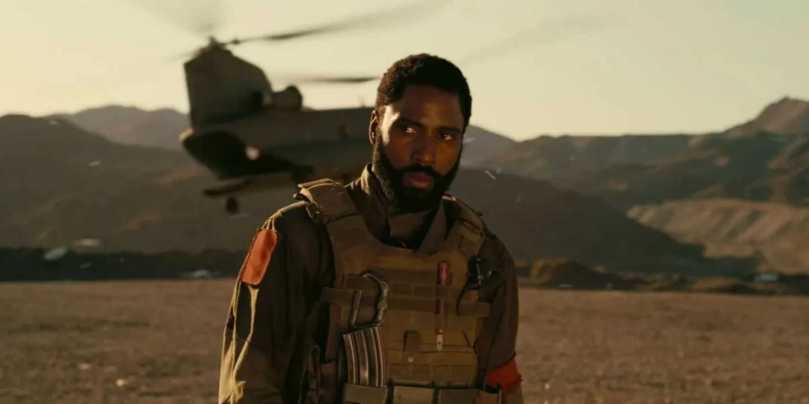 John David Washington's The Protagonist at a desert military base in Tenet