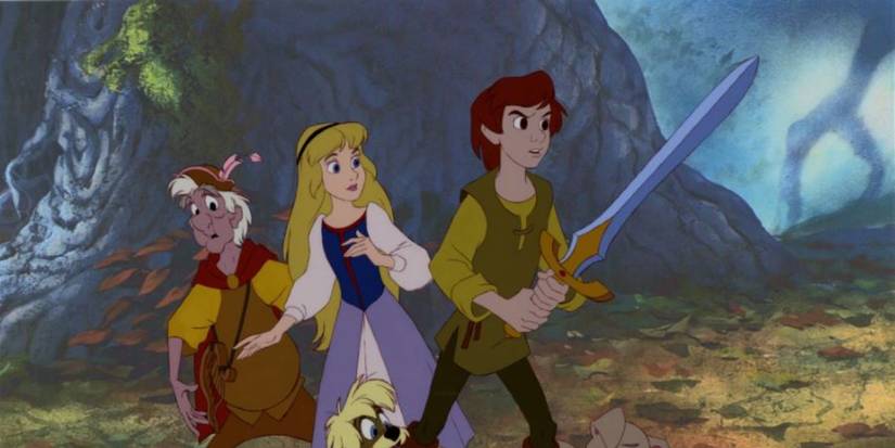 A boy holding a sword while other characters stand behind him in The Black Cauldron 1985