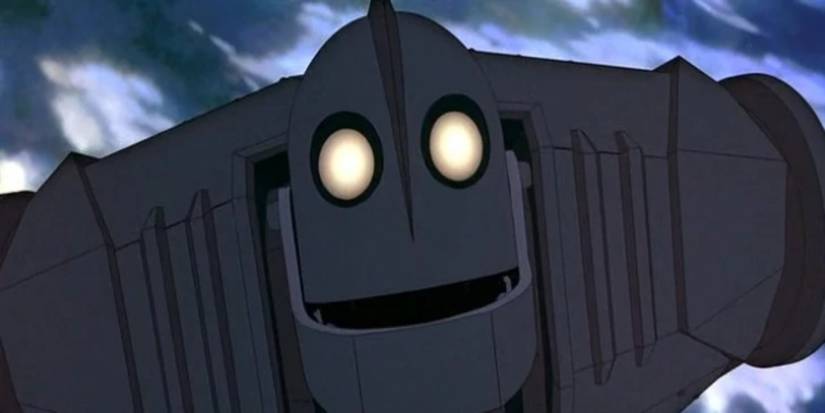 A close-up of The Giant (voiced by Vin Diesel) leaning forward in The Iron Giant