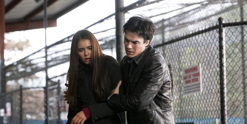 Damon Salvatore, played by Ian Somerhalder, holding Elena Gilbert, played by Nina Dobrev, in 'The Vampire Diaries' Season 3 Episode 19.