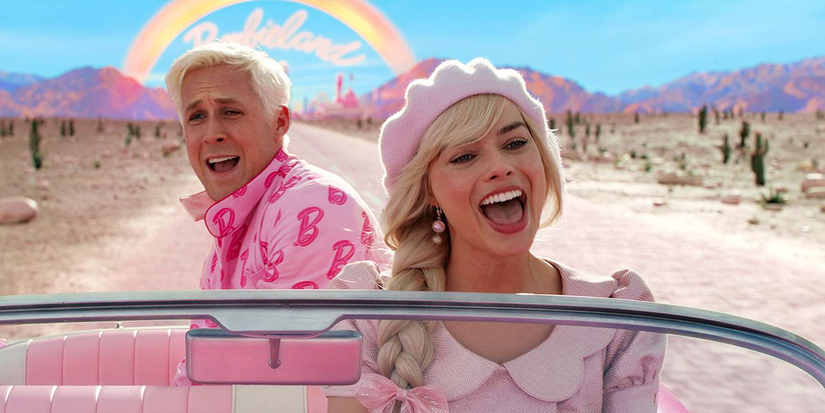 Margot Robbie and Ryan Gosling as Barbie and Ken, singing and driving away from Barbie Land in Barbie