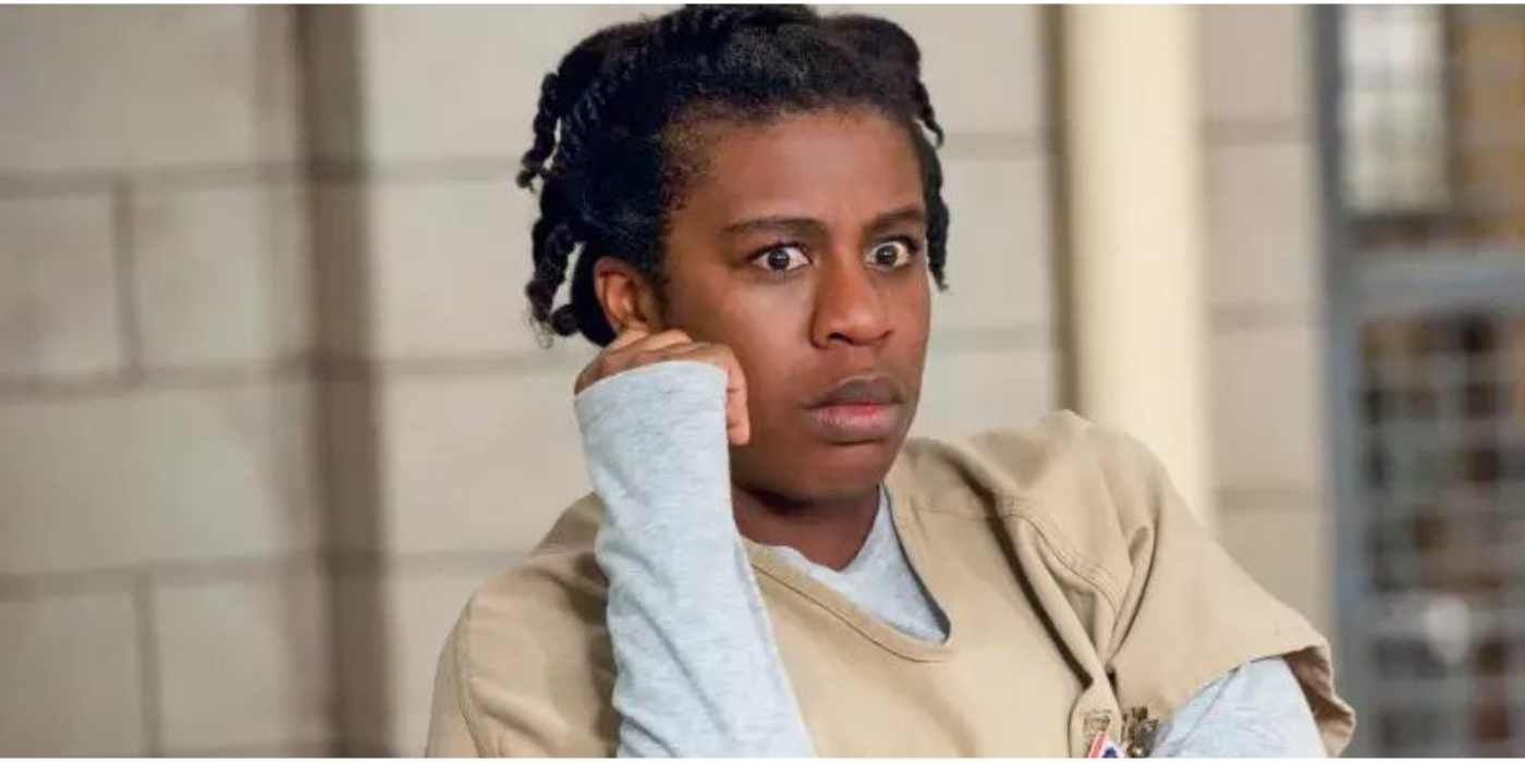 Uzo Aduba as Suzanne "Crazy Eyes" Warren staring with wide eyes in Orange Is the New Black.
