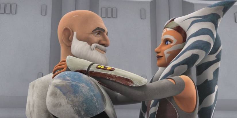 Ahsoka Tano and Captain Rex hugging in Star Wars: Rebels