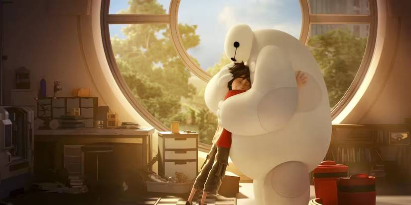 Hiro and Baymax hugging in Big Hero 6.