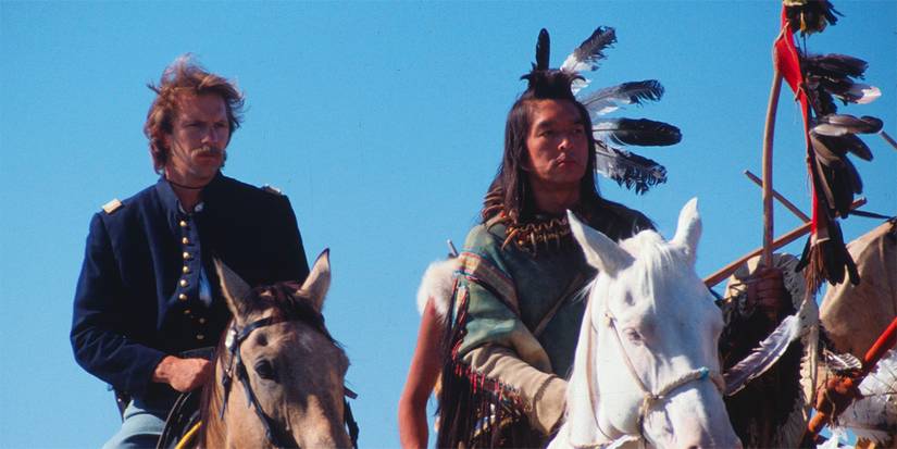 Lt. John J. Dunbar and Kicking Bird, riding solemnly on horseback in Dances With Wolves.