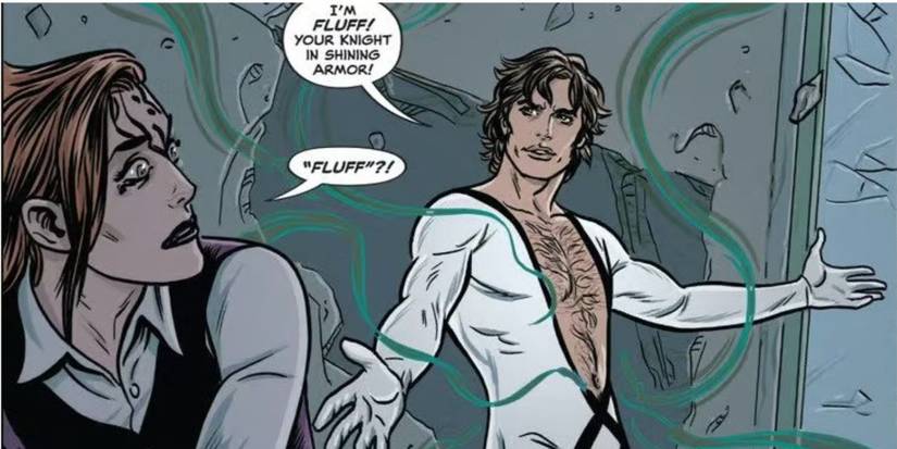 Fluff arrives to help in a panel of Marvel Comics. 