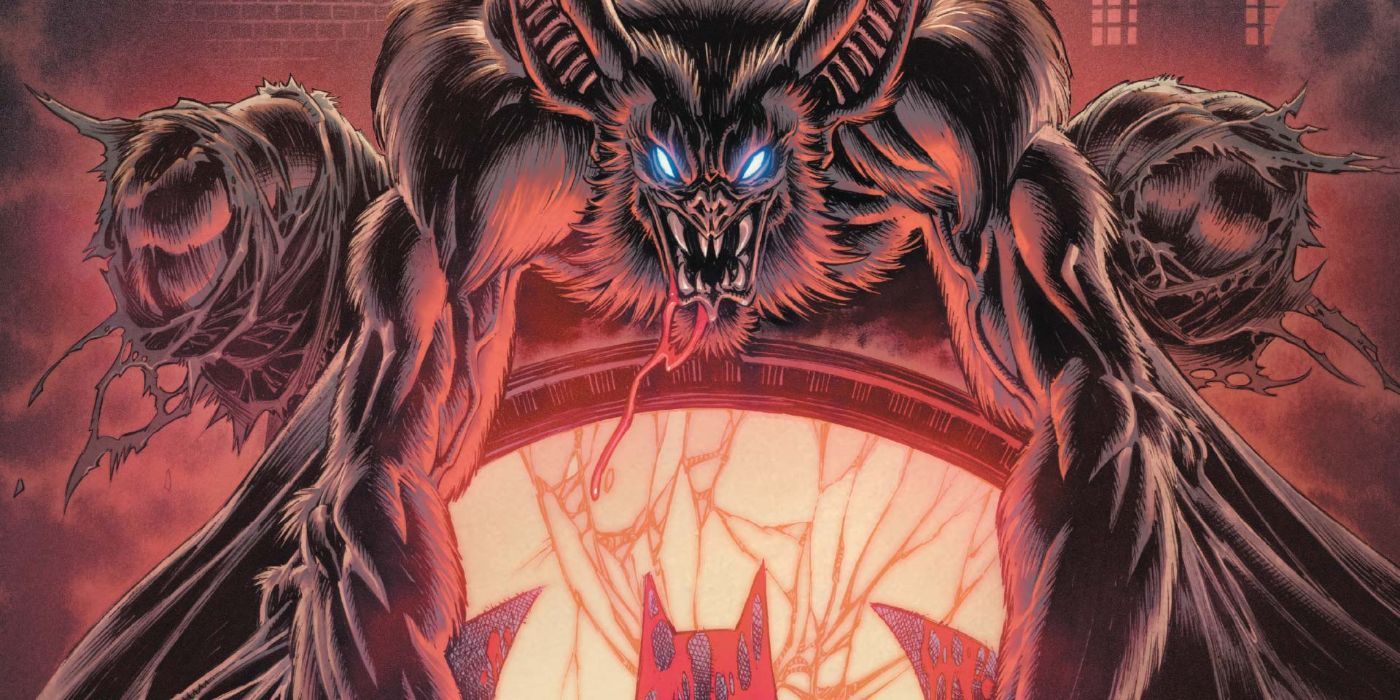 Man-Bat sits perched atop the Bat-Signal at night.