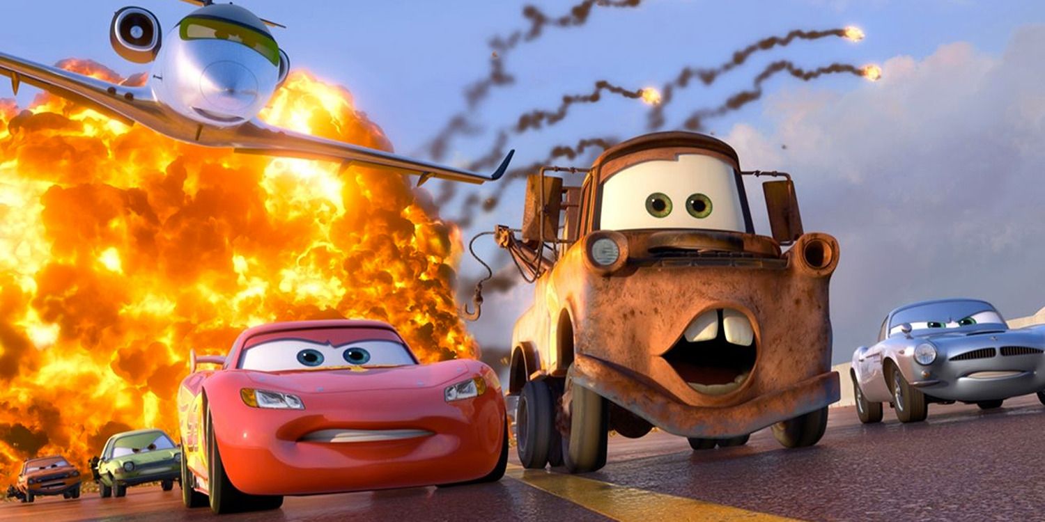 McQueen and Mater fleeing an explosion in 'Cars 2'.