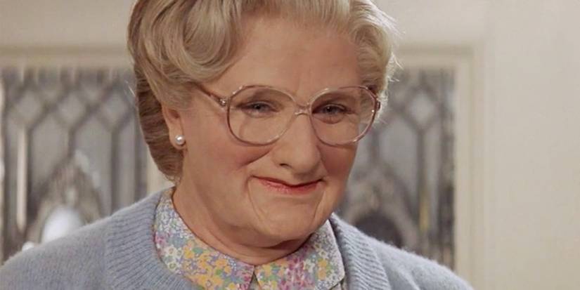 Mrs. Doubtfire (Robin Williams) smiling softly in Mrs. Doubtfire