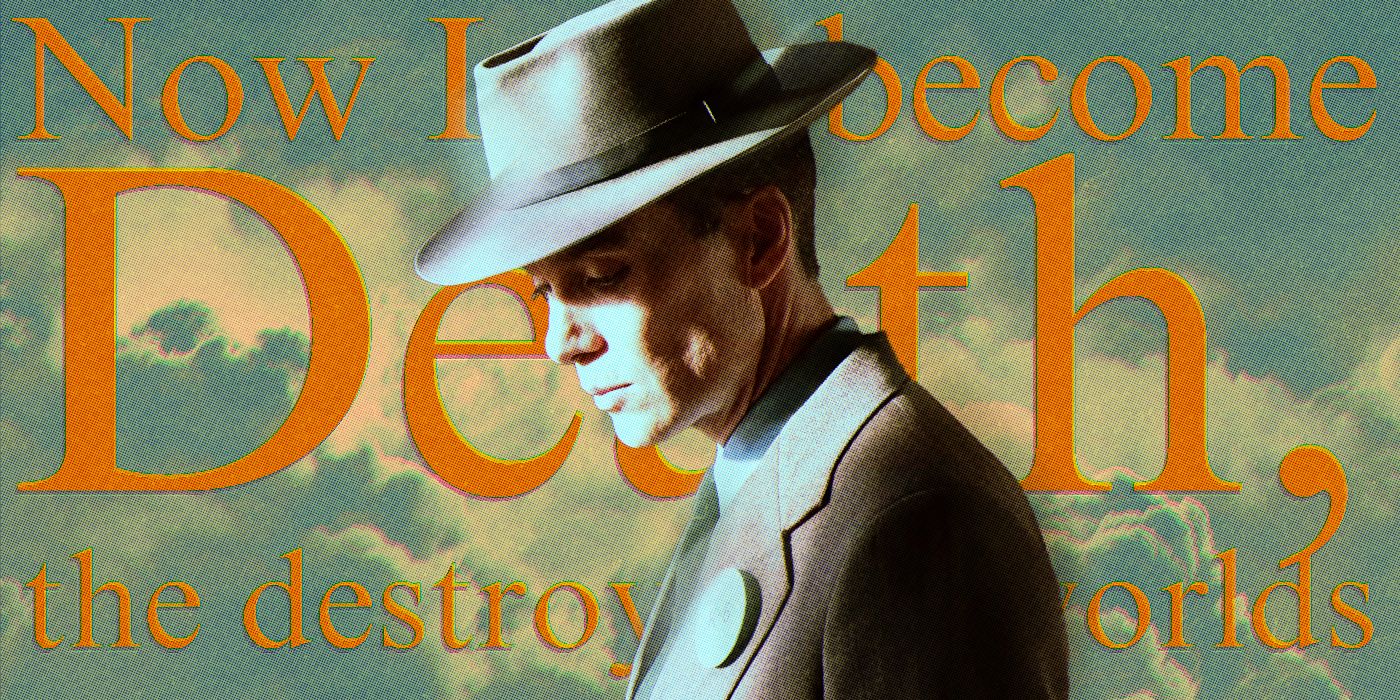 Blended image showing Cillian Murphy as J. Robert Oppenheimer with a quote in the background in large orange letters.