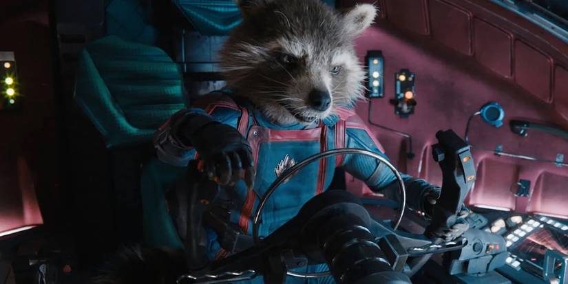 Rocket Raccoon piloting a ship in Guardians of the Galaxy Vol. 3.