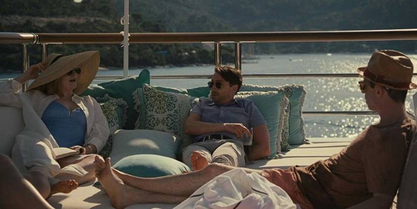 Shiv (Sarah Snook), Roman (Kieran Culkin), and Kendall (Jeremy Strong) banter while on their yacht in Succession.