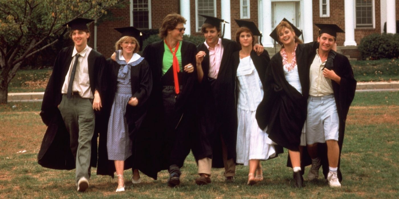 The Cast of St. Elmo's Fire wearing their caps and gowns as they walk through their university quad.