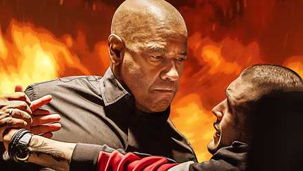 Denzel Washington as Robert McCall in a fight in The Equalizer 3, against a fiery background