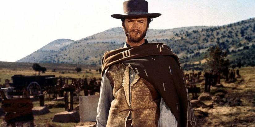The Man with No Name looking ahead while standing in the desert in 'The Good, the Bad and the Ugly'