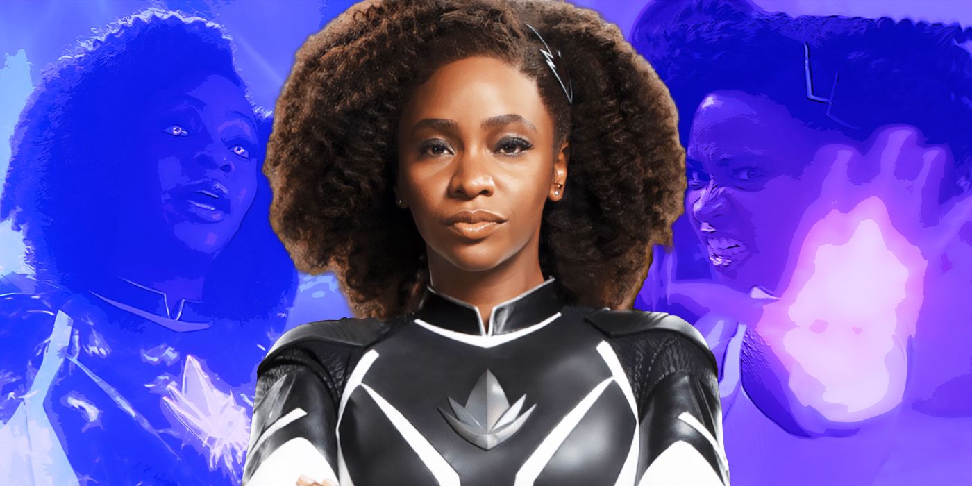 Monica Rambeau is wearing a black shiny suit with a flower emblem on her chest in a still from The Marvels, backdropped against images of her in power stances.