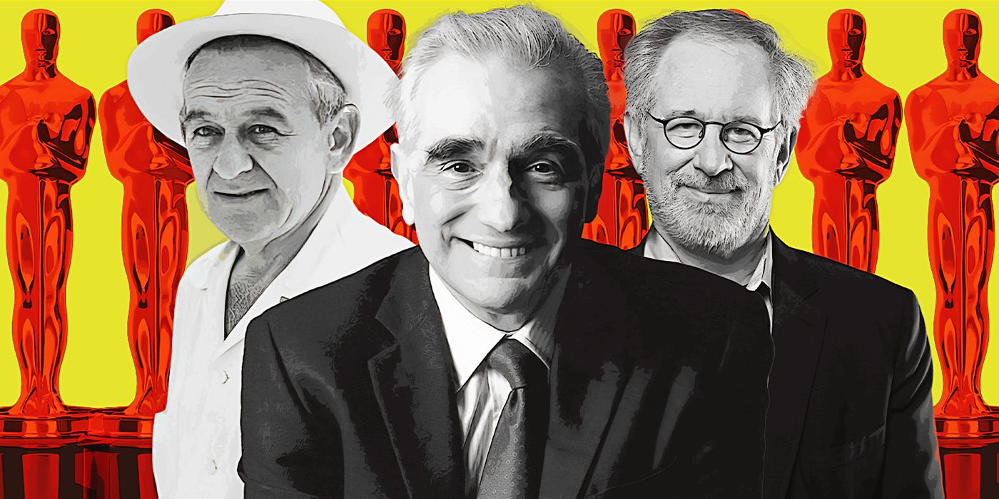 A custom image of William Wyler, Martin Scorsese, and Steven Spielberg in front of Oscar statues