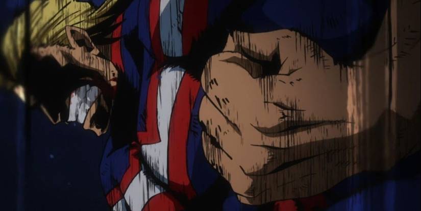 All Might clunching his teeth and pushing in My Hero Academia Season 3, Episode 10, "Symbol of Peace"
