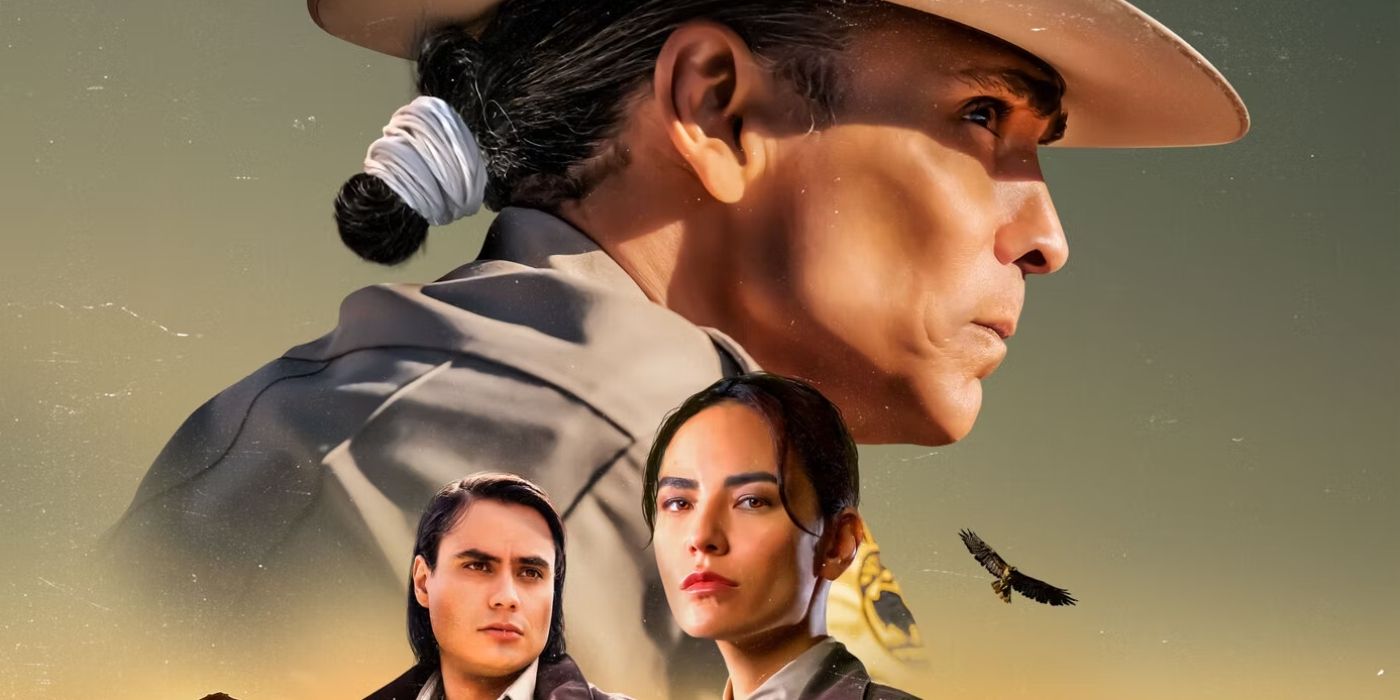 Zahn McClarnon as Joe Leaphorn on the 'Dark Winds' Season 2 poster with Jim Chee (Kiowa Gordon) and Bernadette Manuelito (Jessica Matten) in the foreground.