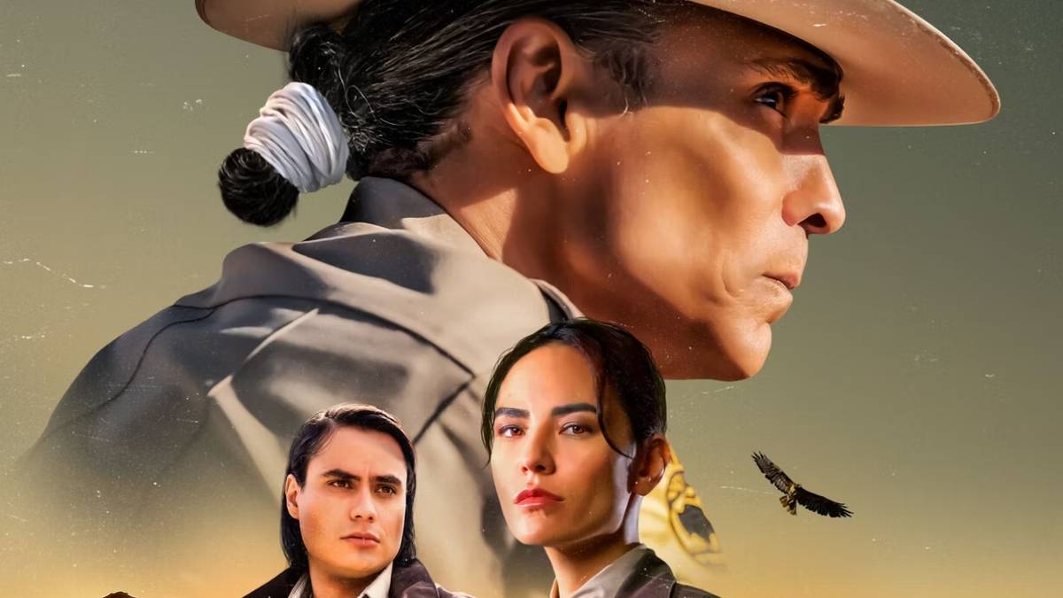 Zahn McClarnon as Joe Leaphorn on the 'Dark Winds' Season 2 poster with Jim Chee (Kiowa Gordon) and Bernadette Manuelito (Jessica Matten) in the foreground.
