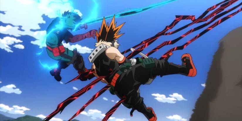 Deku and Bakugo being blasted back through the air in My Hero Academia