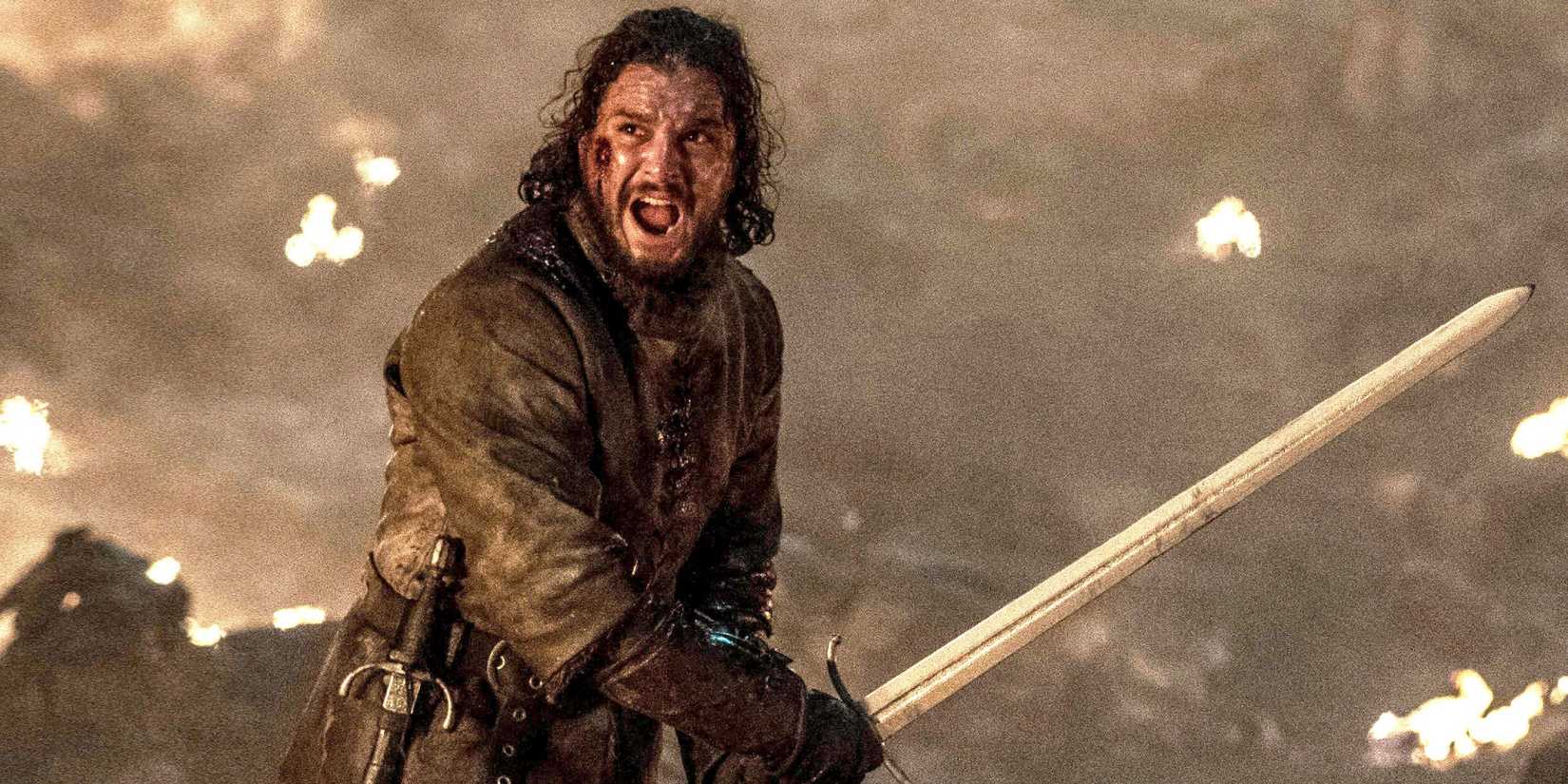 Jon Snow yelling while wielding a sword in The Long Night episode of Game of Thrones
