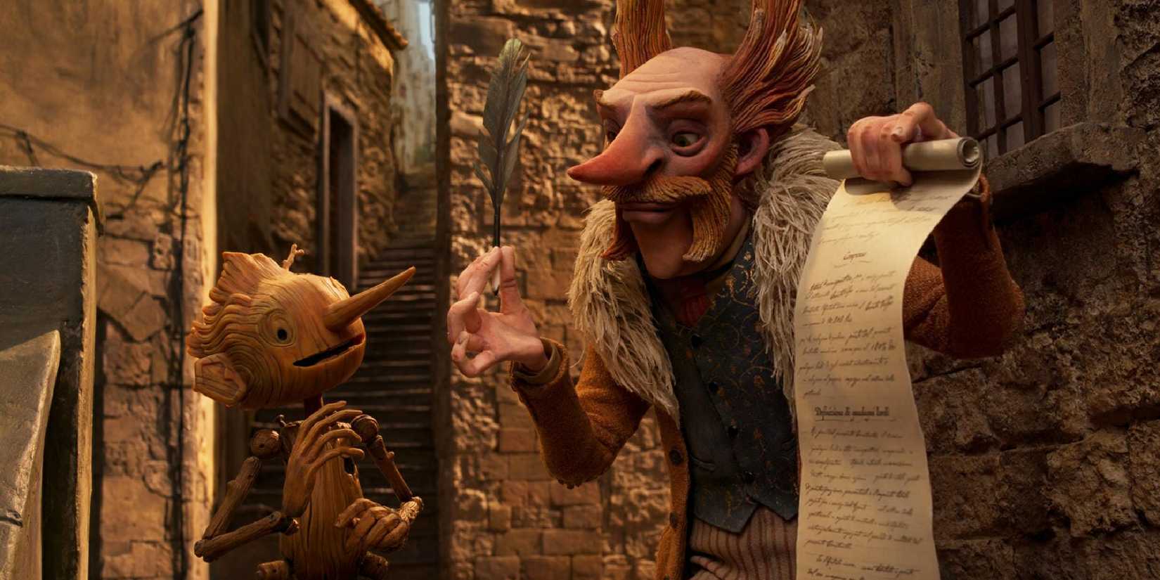 Count Volpe talking to Pinocchio in Guillermo del Toro’s Pinocchio - 2022